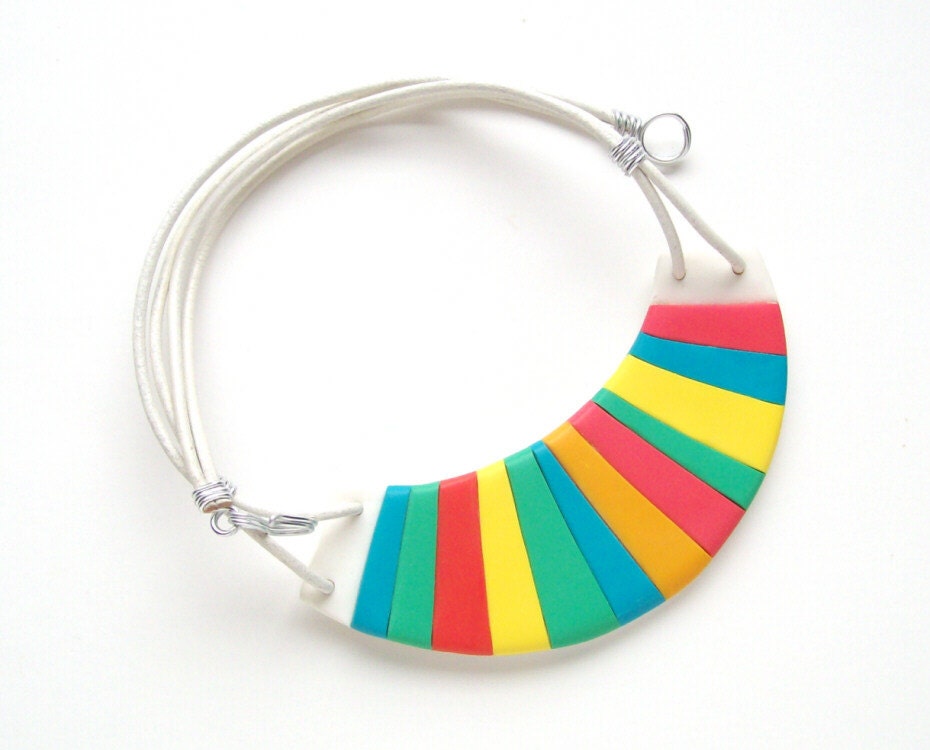 Neon geometric teal-blue-pink-tangerine-yellow polymer clay bib necklace Cheshire Cat Grin Necklace spring-summer fashion necklace ooak