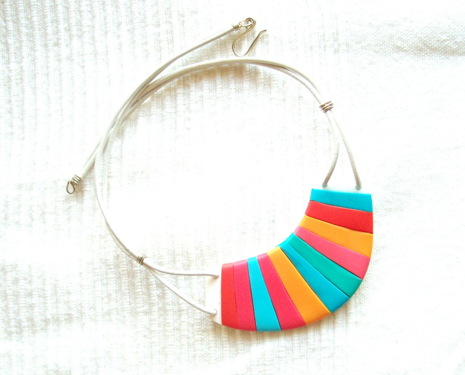 Neon geometric teal-blue-pink-tangerine white polymer clay bib necklace Cheshire Cat Grin Necklace spring summer color fashion necklace ooak