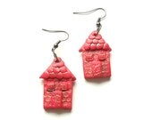 Polymer clay earrings little houses pink magenta distressed house shaped dangle earrings