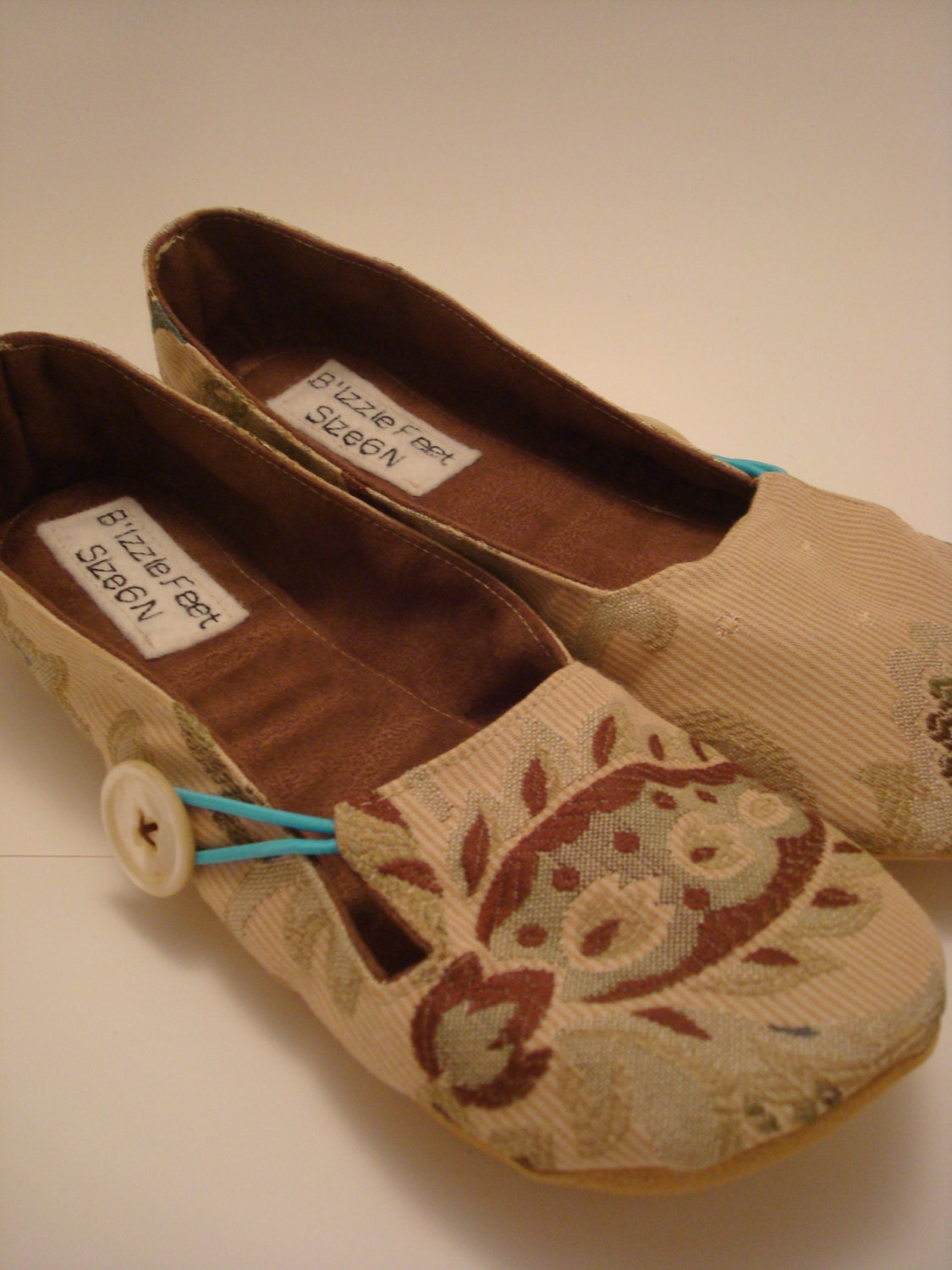 B'Izzie Feet - Any US Adult Size - House Slippers / Shoes in a Tan Blue Paisley Floral Print with Toughtek Non-Slip Soles - Custom Made