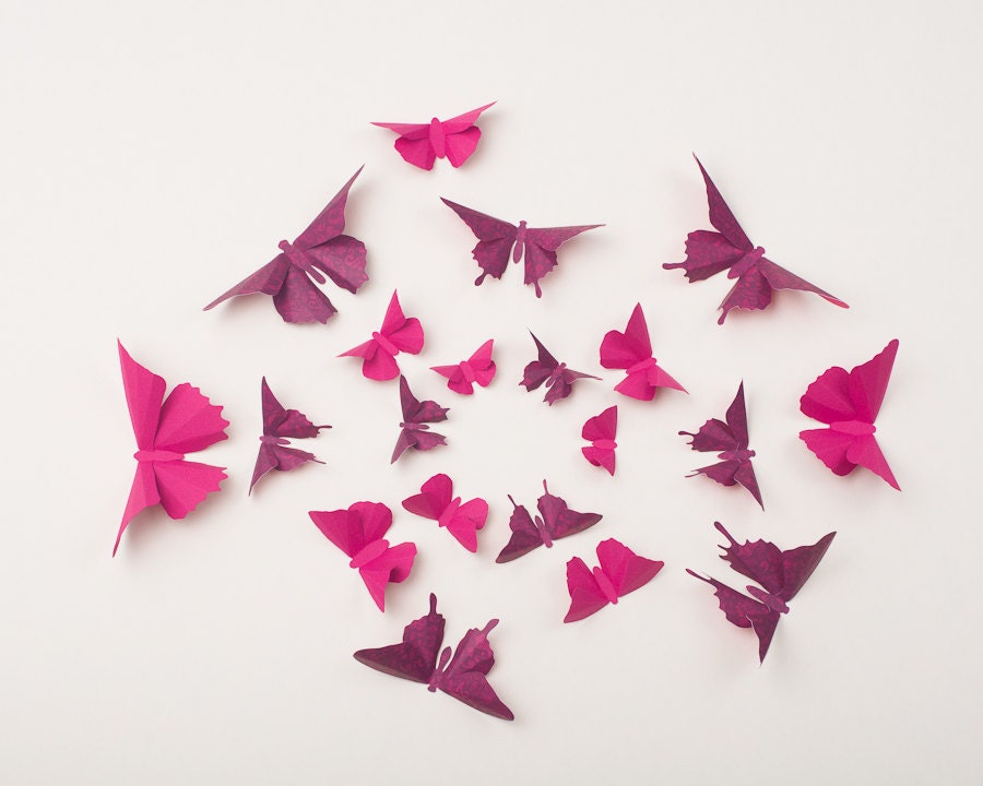 3D Wall Butterflies: Butterfly Wall Art for Nursery, Girl's Room, or Home Decor - Flight of 20 in Magenta and Raspberry Damask