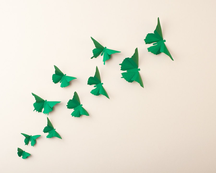 3D Wall Butterflies, 10 Kelly Green Butterfly Silhouettes for Home Art Decor, Nursery, Children's Room