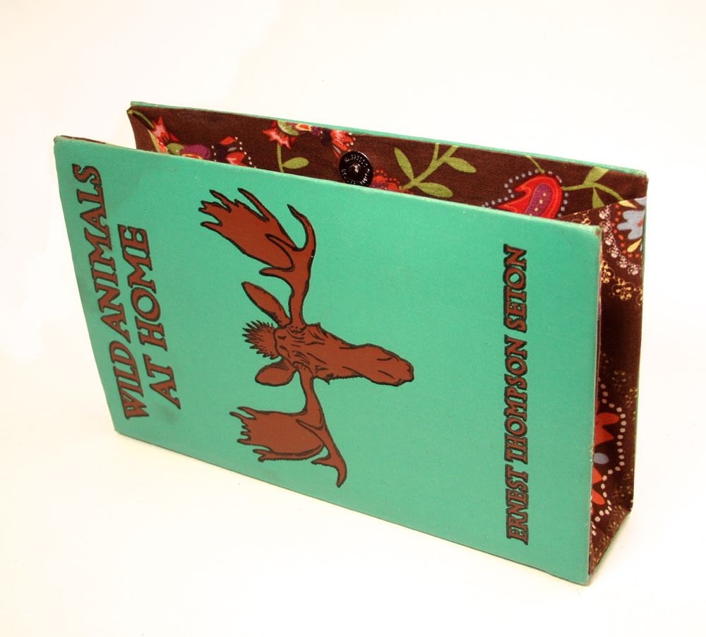 Book Clutch Purse made from Upcycled Vintage Book "Wild Animals at Home" in Green
