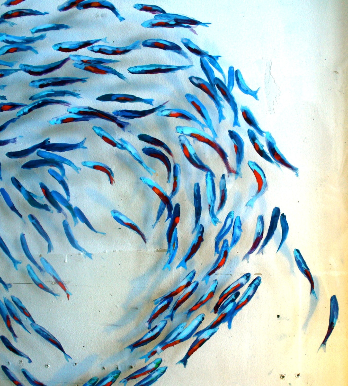 Custom Painting Shimmering Shoal on Antique Window Glass // 30" x 30" // Unique Home & Living Wall Decor