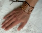 boho leather cuff pyrographed with filigree and chevrons - OurFolkLife