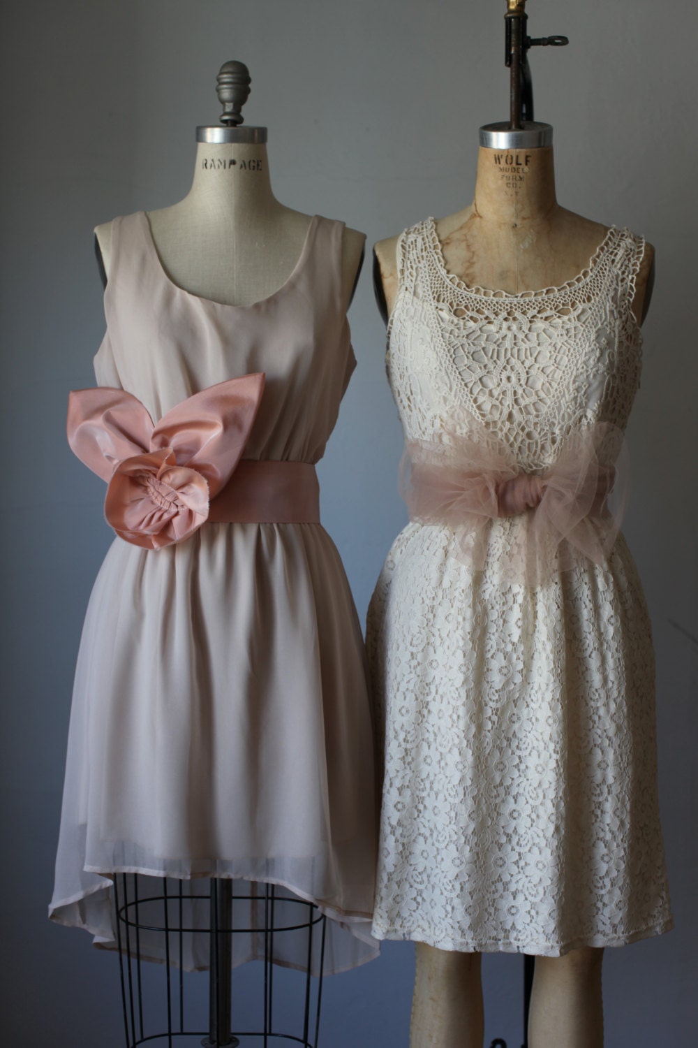 Set of two party mismatched bridesmaid dresses ,wedding summer dress ,lace tan vintage inspired dresses ,Ready for shipping