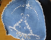 Vintage handmade tea cosy, cozy, hand embroidery, cut work, blue linen, blue and white
