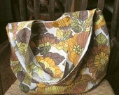 Retro vintage boho bag, Flower power  - 50s barkcloth - fully reversible, 2 styles