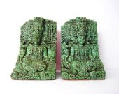 Mid-Century El Arte Azteca Bookends / Mayan Reproduction Turquoise Malachite Sculptures / Mexico Aztec Art
