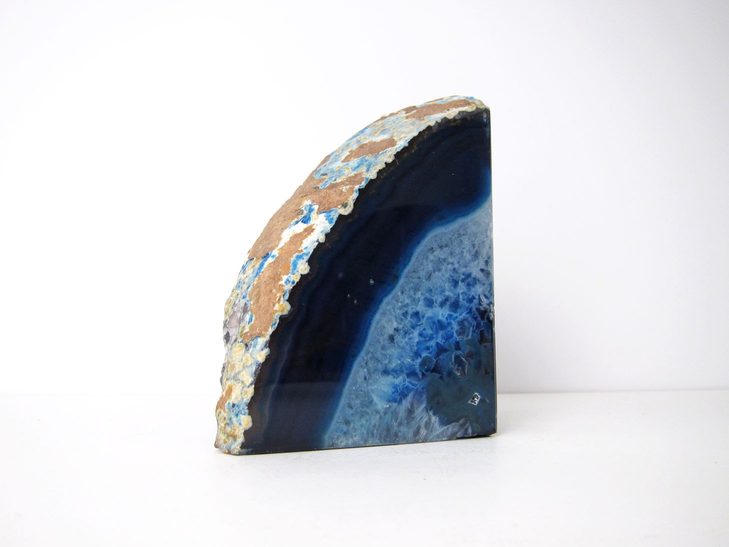 Midcentury Agate Geode Sculpture Bookend - Cobalt Blue Gemstone Rock Mantel Table Sculpture
