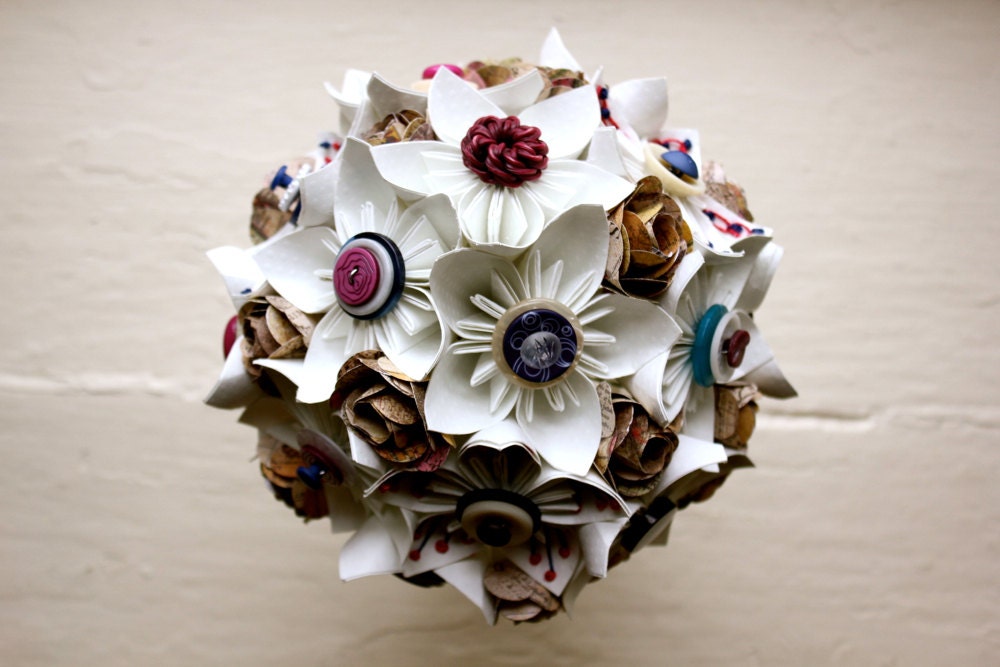 Paper Flower Bouquet - Wedding, White, Fuschia, Blue, Vintage Map, Kusudama, Paper Rose