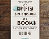 Book lovers art print, CS Lewis quote, cup of tea, brown & blue: 11 x 17