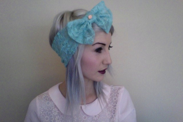minty aqua teal LACE BOW TURBAN headband head wrap with pink rose rosette