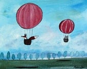 Hot Air Balloon Kids Wall Art, Original Painting, Fox Owl Children Decor