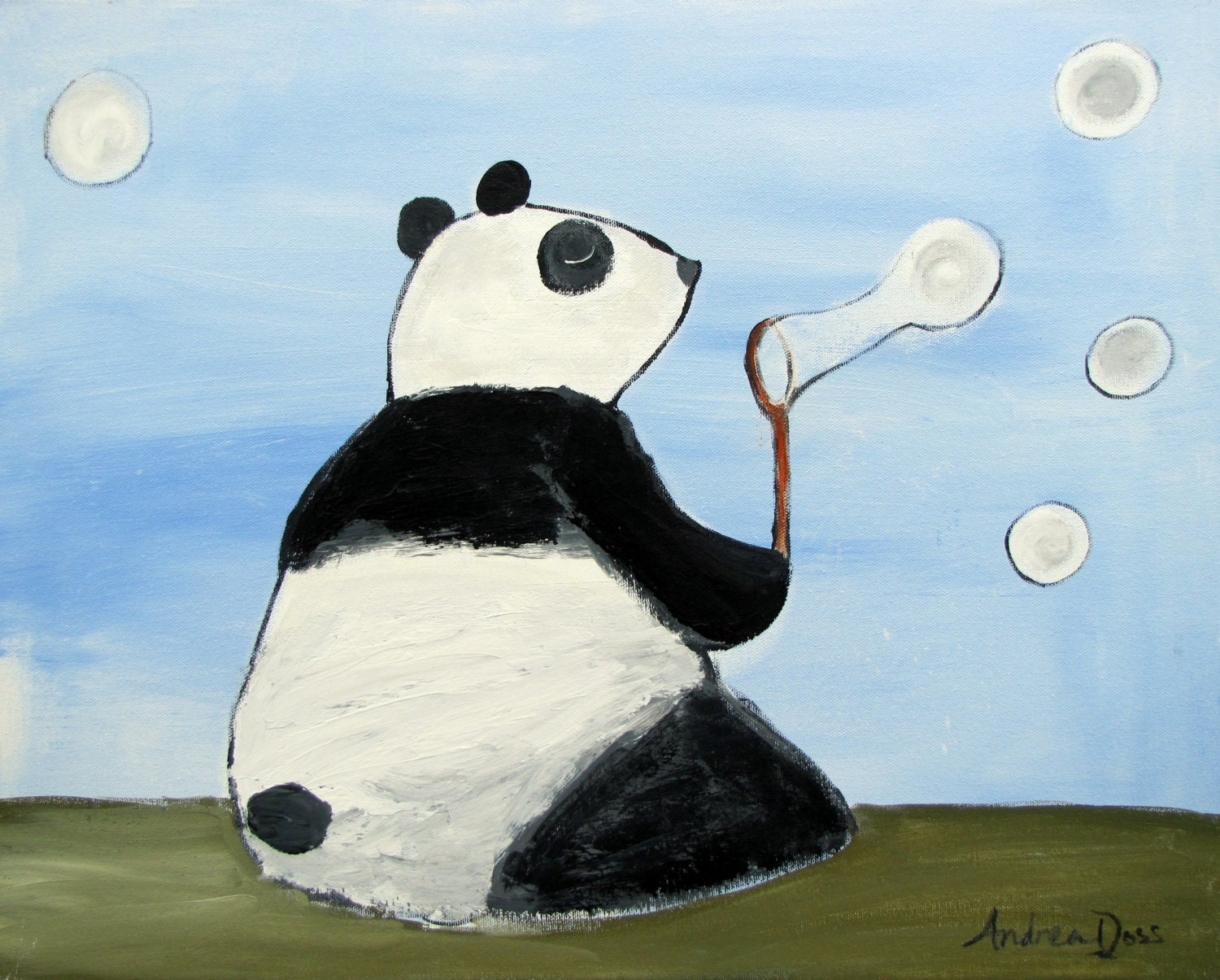 Panda Painting, Whimsical Childrens Art, Blowing Bubbles, Children Decor, Original Acrylic Painting