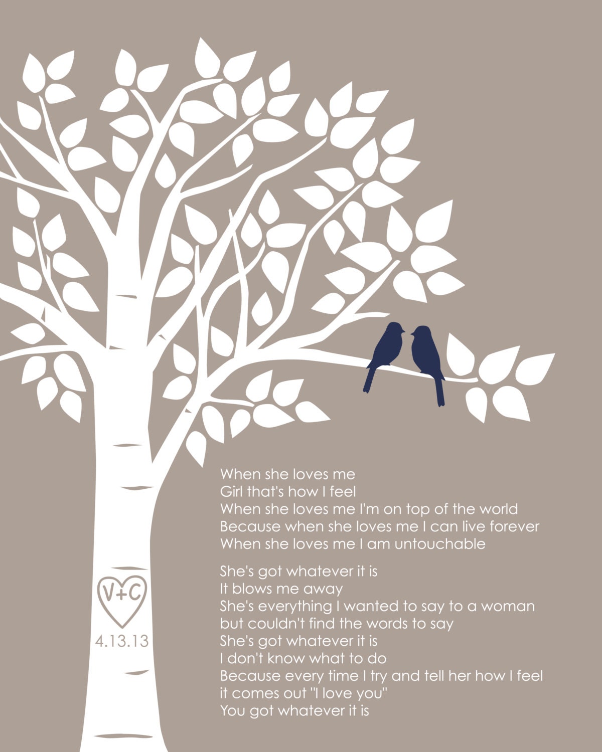 Custom First Dance Song Lyrics or Wedding Vows Love Birds Family Tree - First Anniversary Paper Gift - 8"x10" (Taupe/Pale Blue))