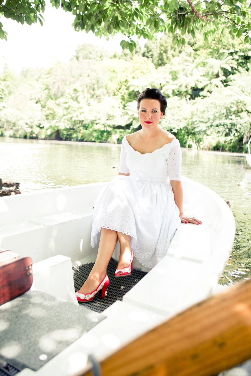 Tea Length Wedding Dress SUNDAY IN PARIS, Cotton Eyelet Dress, Sleeves