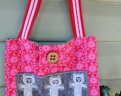 one of a kind bright tote with six bears hand printed applique