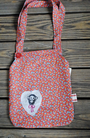 Floral one of a kind hand printed monkey tote