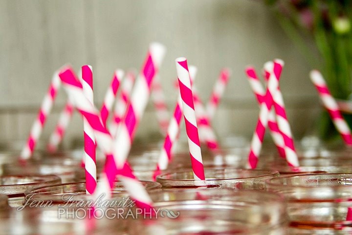 50 Hot Pink Striped Biodegradable Paper Straws  & Digital Flags - Party - Birthday - Baby Shower - Wedding