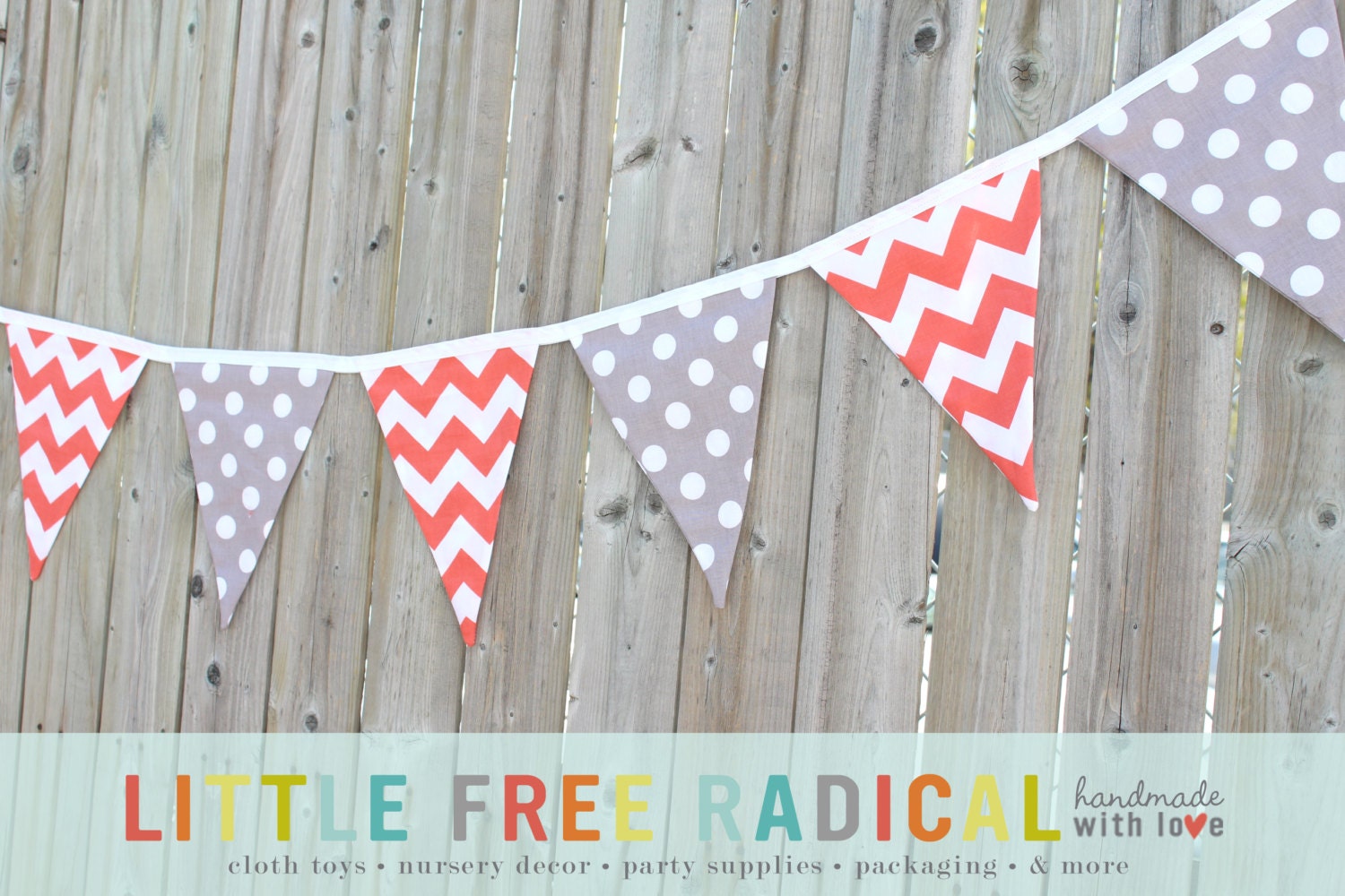 Grey Dot and Coral Chevron Fabric Pennant Bunting Banner - great for birthday party decor, nursery, playroom, photo prop