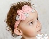 coral headband, baby headband, flower headband, headband, shabby chic roses headband