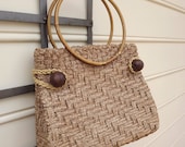 Vintage Woven Bag, Straw Handbag, Hoop Handle Brown Summer Beach Purse