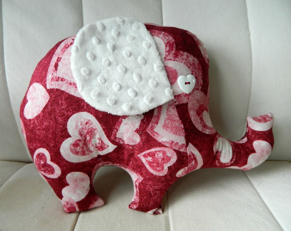 Peanuts the Elephant - Stuffed Elephant - Valentine's Day - Red with Hearts and White Minky Ears