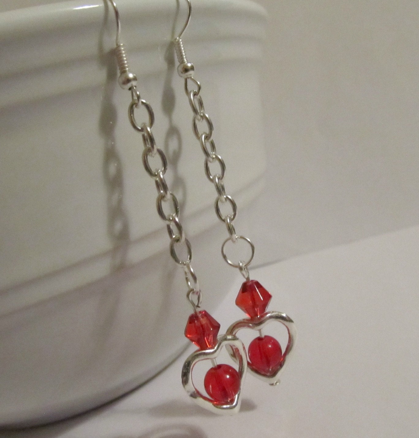 Earrings - Handmade - Red Beads, Silver Hearts - Chain - Valentine's Day "Be Still My Heart"