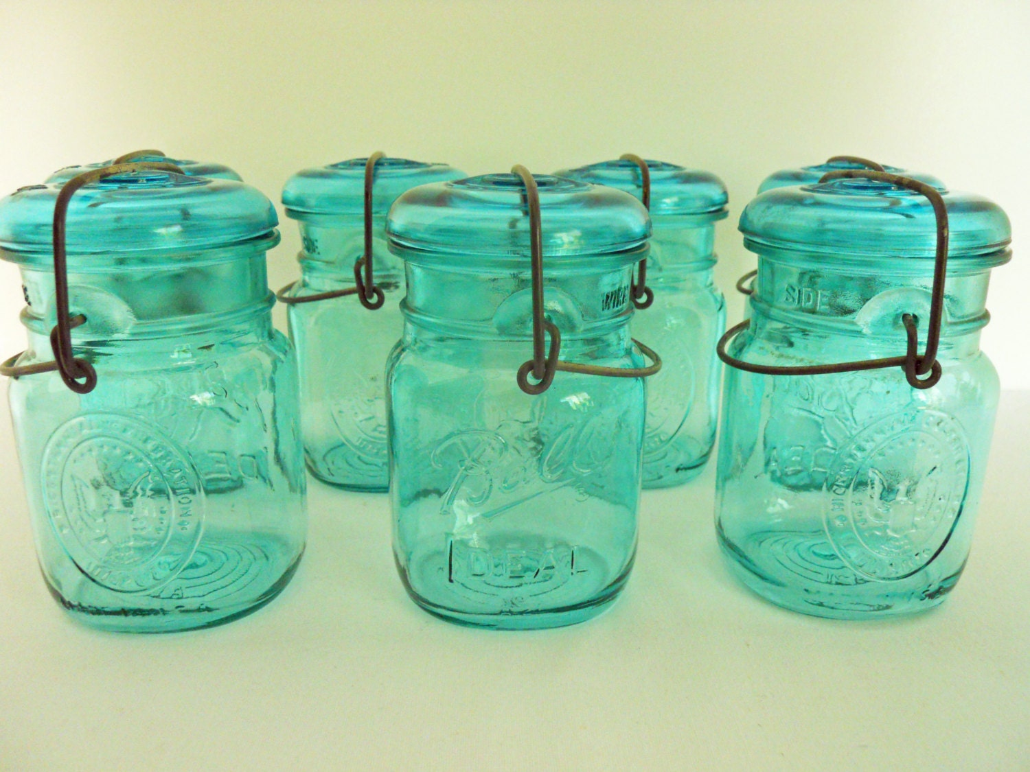 Vintage patriotic Ball Mason jars in aqua for wedding or party decor listing for 7 jars