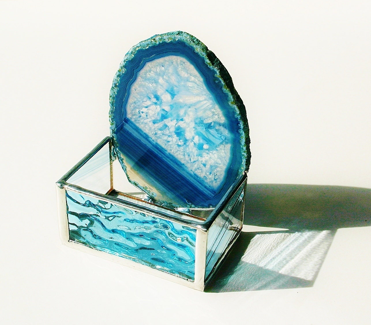 Stained Glass Vertical Business Card Holder Slate Blue Teal Aqua Agate Office Home Desk Accessory Unisex Handmade OOAK
