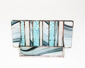 Stained Glass Business Card Holder Black White Aqua Blue Frost Art Glass Contemporary Desk Accessory Office Fathers Day Handmade OOAK Unisex