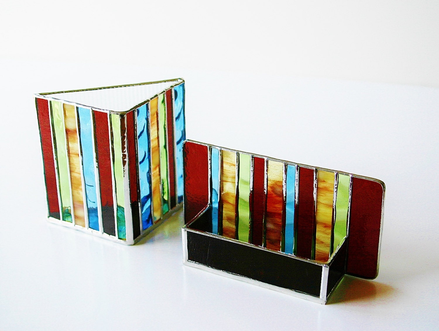 Interior Design Modern Stained Glass Desk Accessories Contemporary Business Card Holder Pen Cup Holder Sunset Rust Blue Green Office Decor