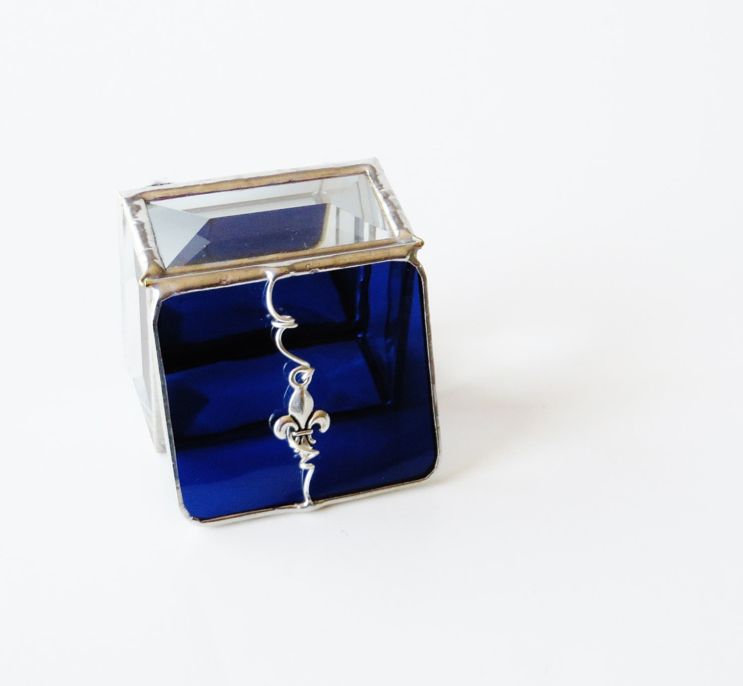 Stained Glass Box Indigo Sapphire Blue Fleur de Lis Bride Groom Wedding Ceremony Engagement Ring Box Anniversary Handmade OOAK