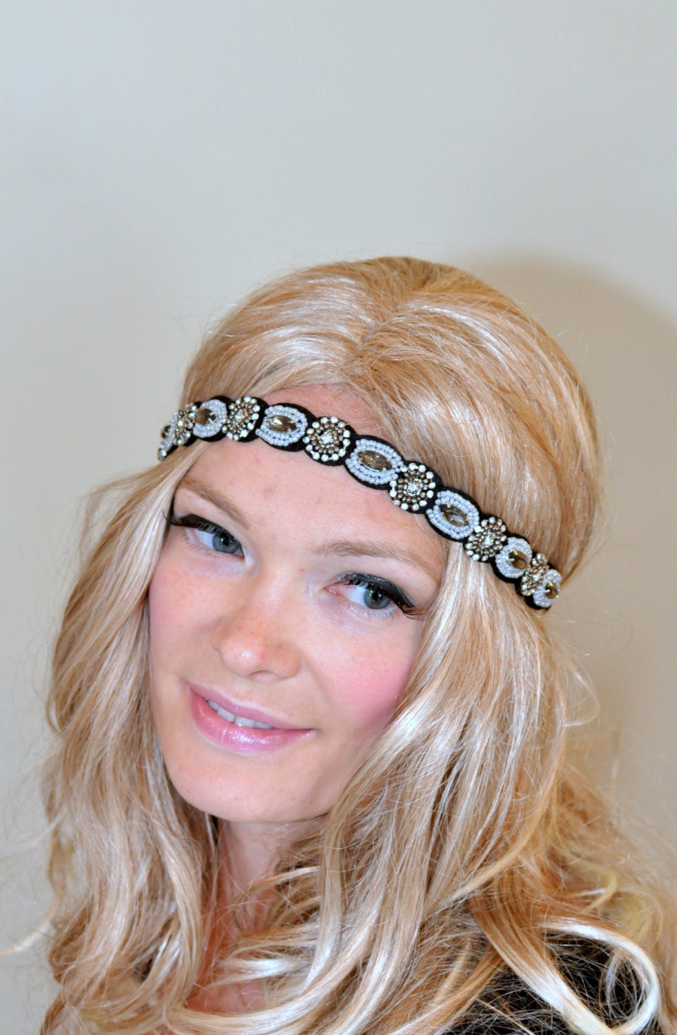 Lace Headband Gold Rhinestone Black Women headband Headwrap Stretch Headcovering Vintage Headband