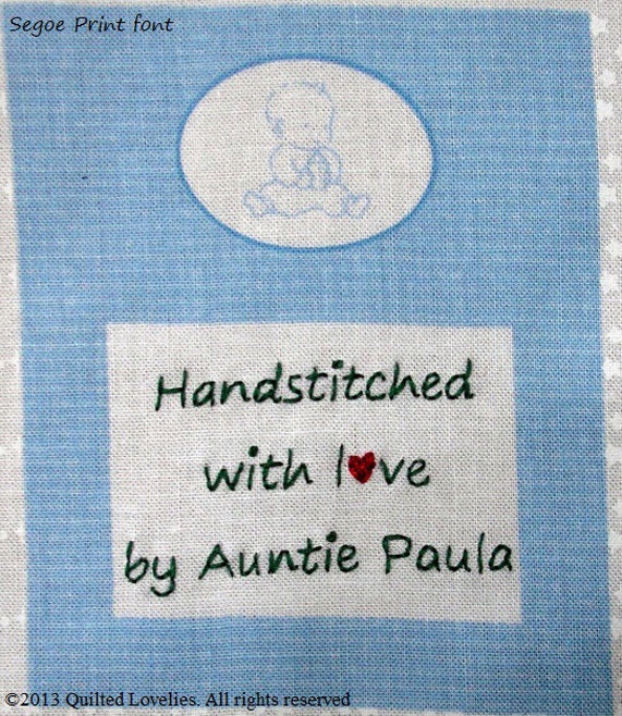 Quilt Label - Baby & Bottle, Custom Made and Hand Embroidered