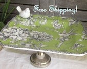 Lime Toile Bird Pedestal Cake Stand Serving Piece - Candle Holder - Plant Stand - Cake Plate