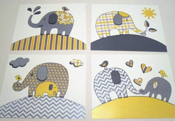 Yellow gray chevron nursery kids art elephant baby bedding art boy girl