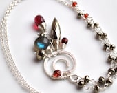 Red and Blue Dripping Gemstone Spiral Necklace in Sterling Silver - Red Garnet, Labradorite, Pyrite, Unique Bold Summer Whimsy For Her