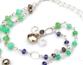 Long Mint Green Chrysoprase and Water Sapphire Necklace with Pyrite Pendant in Sterling Silver - Wire Wrapped Gemstones, Summer Whimsy