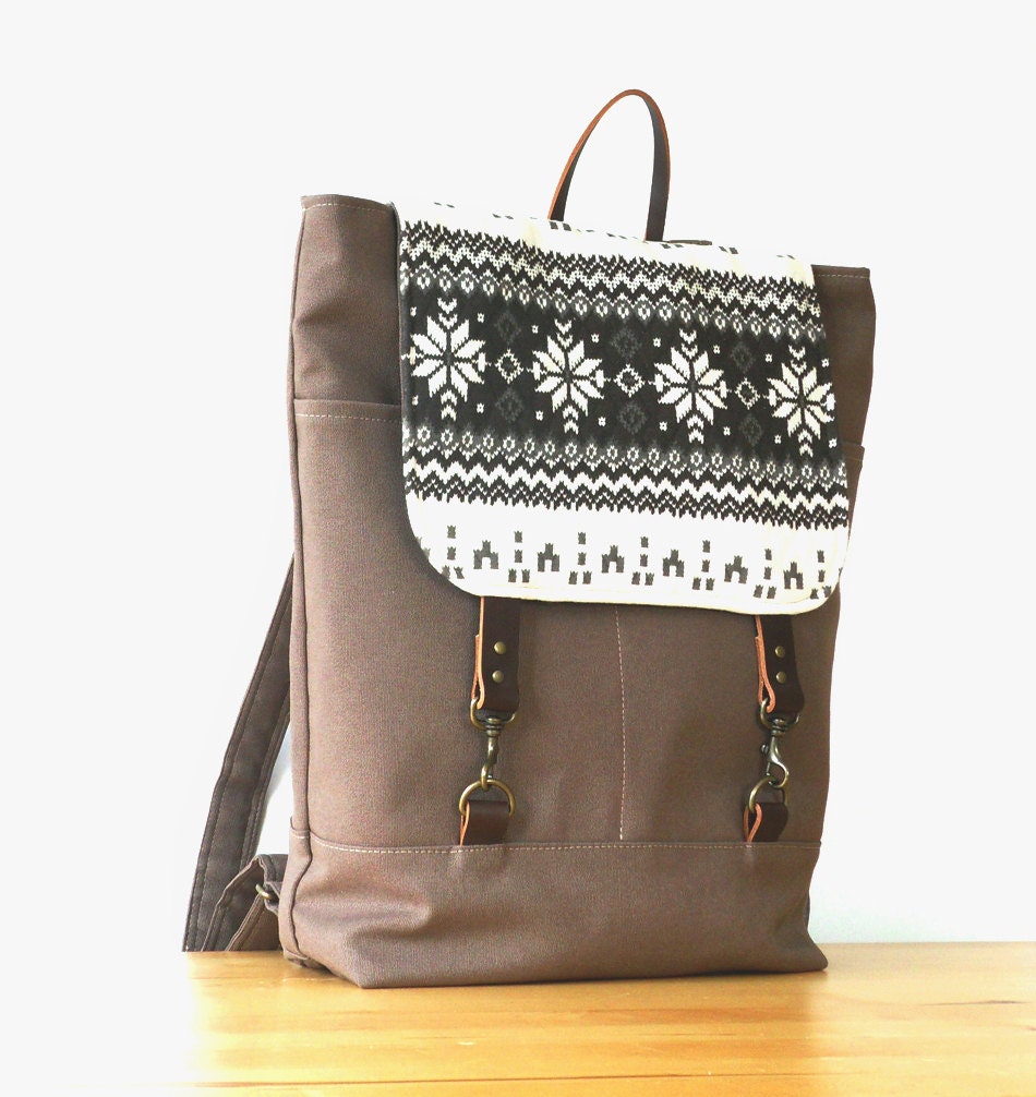 Unisex, Chocobrown canvas backpack with nordic flap, laptop bag, school bag with leather closure,  Design by BagyBags