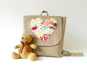 Kids Backpack / Child bag /  with Front love heart pocket on the flap for treasure - Beige canvas,  Design by BagyBags