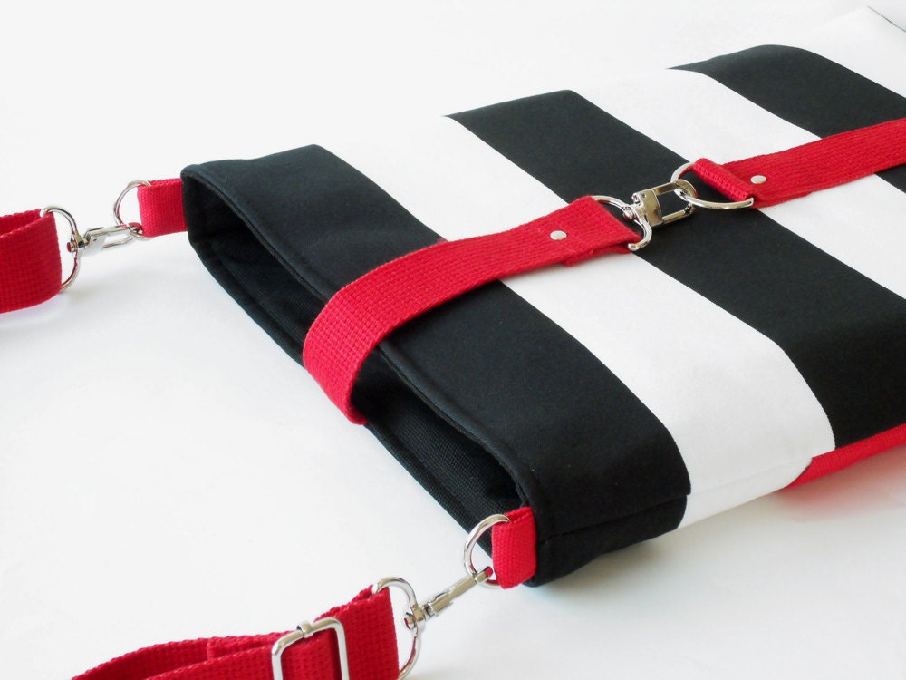 13 inch MacBook or Laptop sleeve / Laptop bag, with attachable strap - Black Stripe Canvas Red Strap Closure, Design by BagyBags