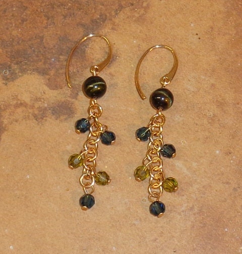Bronze, Blue Tiger's Eye & Crystal Dangle Earrings