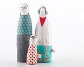 Valentine's Day Family - Couple with child , Mother father and girl ,dressed in blue red floral & dotted, fabric handmade eco dolls for her