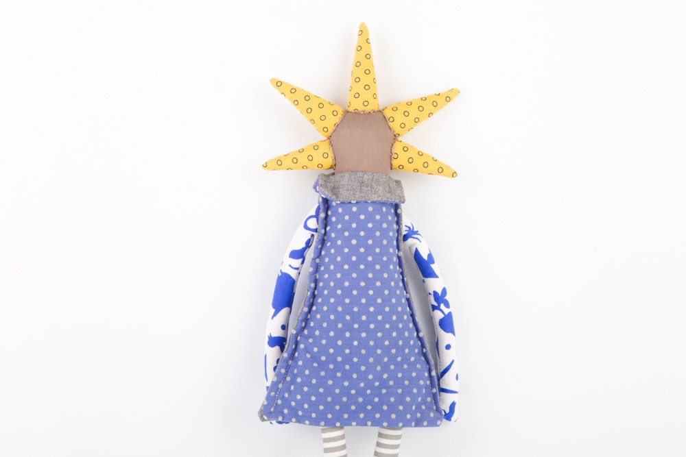 ooak brown modern rag doll - hip handmade doll With yellow spikes Haircut Wearing Blue dotted dress and gray striped tights - handmade doll
