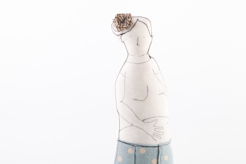 Mother to be - pregnant woman doll wearing Baby blue linen skirt Spotted  and a hair flower - handmade doll