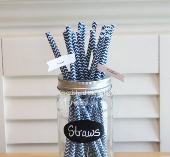 25 Navy Blue Paper Straws Chevron Striped Retro Vintage Style Carnival Wedding table setting Birthday Bridal Baby Shower W/Printable Flags Il_570xn
