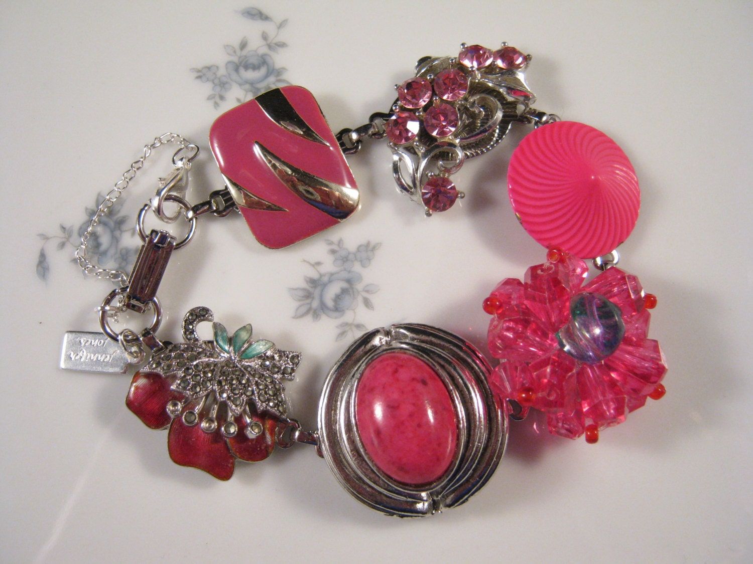 Vintage Earring Bracelet, Bridesmaid Gift, Upcycled Vintage Earring, Reclaimed, Cluster Earring, Hot Pink, Fuchsia, Under 40 - Pink Flamingo
