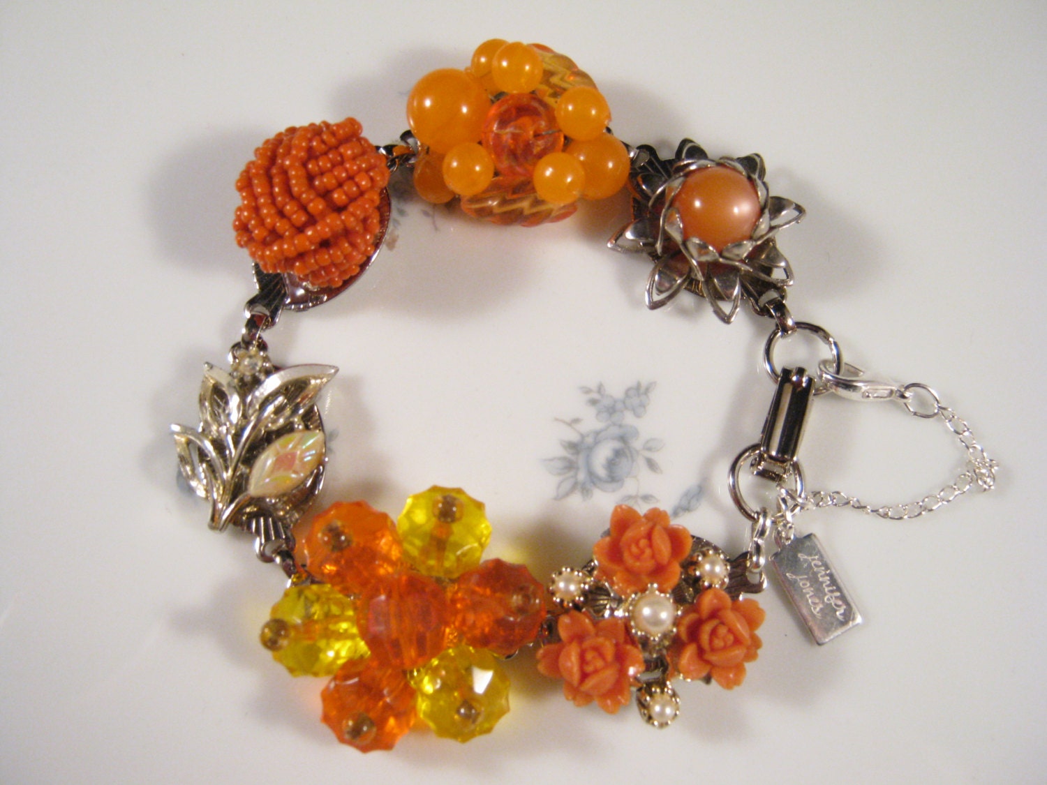 Bridesmaid Gift, Upcycled Earring Bracelet, Statement, Vintage, Clementine, Orange, Silver, Cluster Earring, OOAK, Under 40, Tangerine Dream
